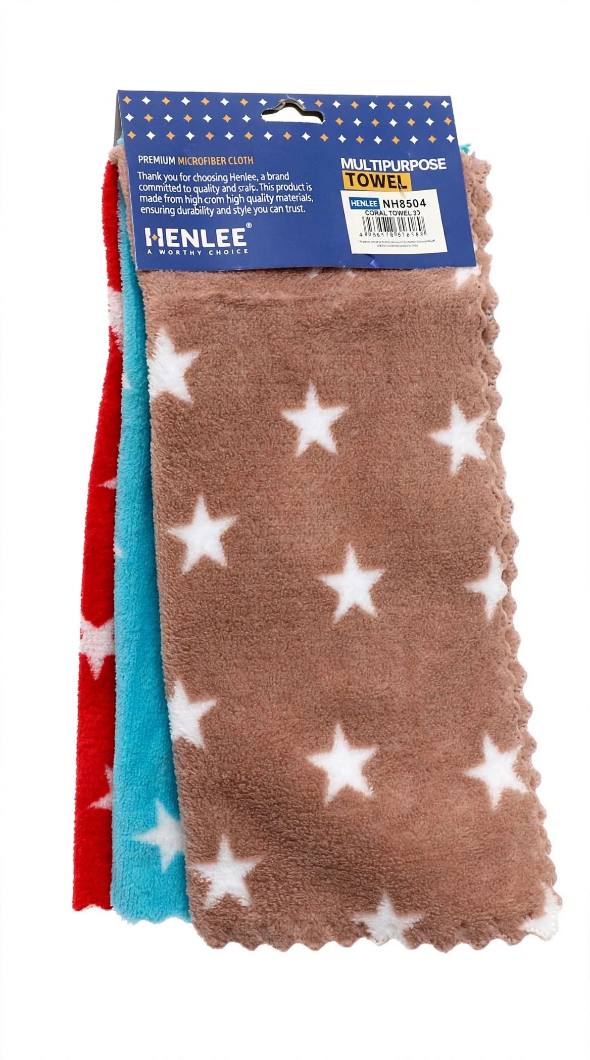 HENLEE Premium Coral Fleece Towel Set 3 Pcs Star Brown Blue Red
